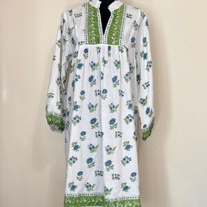 Victoria Dunn Floral White and Green East Bay Mini Blockprint Cotton Dress S